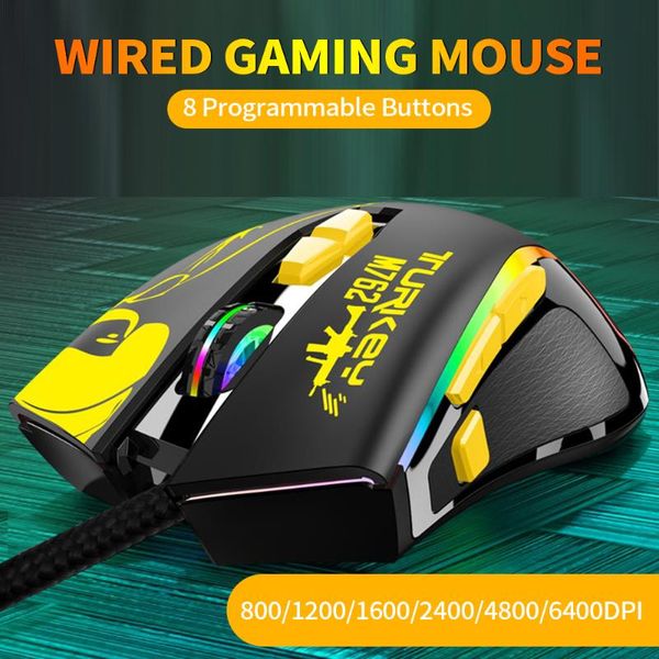 

mice wired gaming mouse rgb ergonomic 8 programmable buttons 800/1200/1600/2400/4800/6400dpi/ light/ plug & play yellow