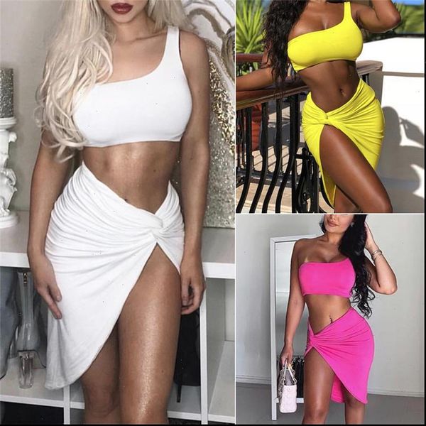 

women tracksuits sale two pieces sleeveless off shoulder tank vest bra crop high waist side split skirt bandage, Gray