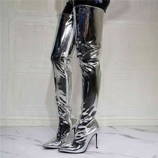 

women's thigh-high handmade boots silver patent leather high heel over the knee large size 47 ladies long winter shoes 1556-w143, Black