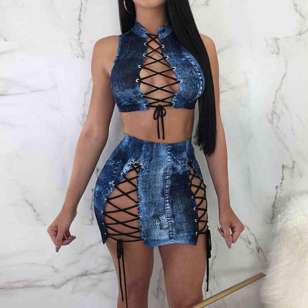 

summer women fashion hollow out spliced sleeveless & club 2 piece set skirt set 210521, White