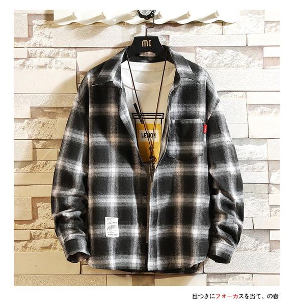 

men's casual shirts preppy style black plaid cotton autumn shirt men streetwear hip hop long sleeve oversized winter cargo, White;black