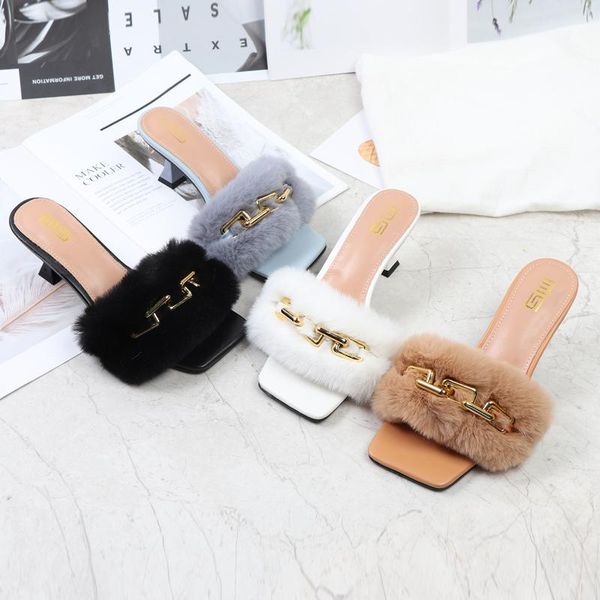 

slippers thin heels shoes low rubber flip flops heeled mules ladies' slipers women raccoon fur slides big size flock hawaiian hi, Black