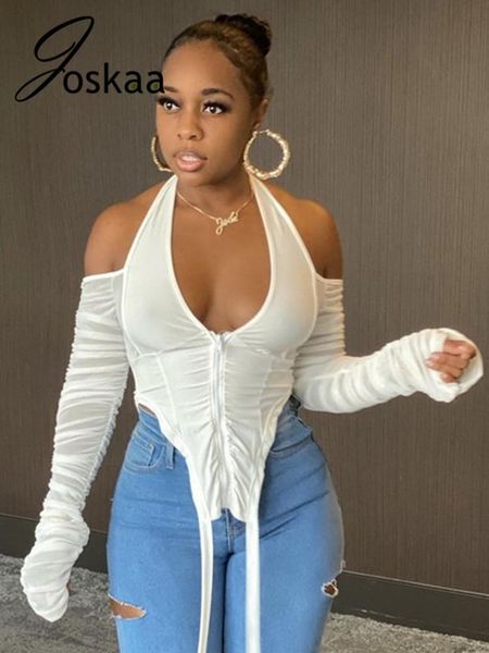 

women's t-shirt joskaa party clubshirt women autumn front zipper low neck off shoulder mesh irrigular longsleeve female halter clot, White