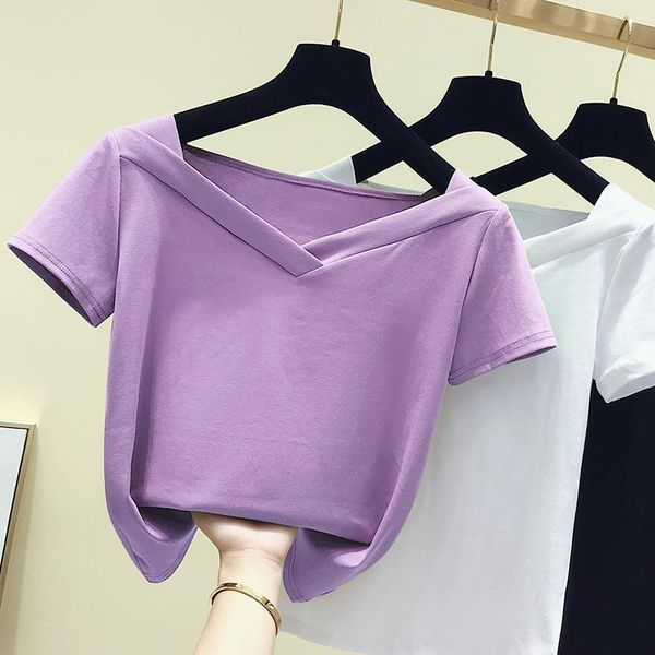 

cotton korean womens v neck purple clothes solid summer short sleeve casual female tee femme, White