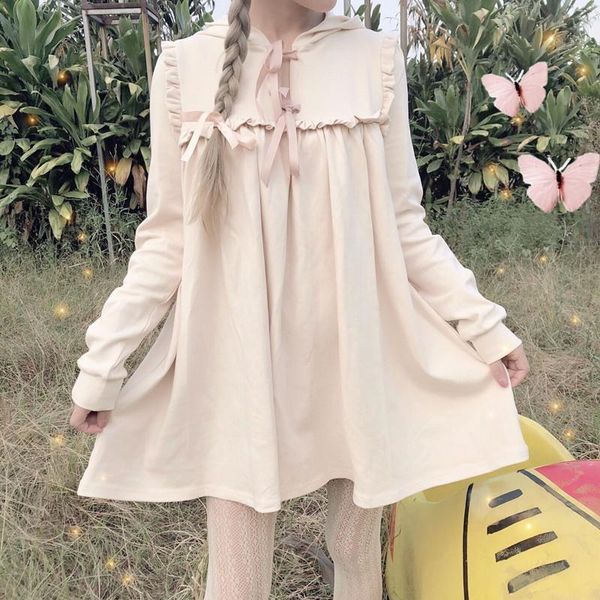 

casual dresses japanese tens girls comfortable cute apricot ruffled hooded dress apanese women harajukusweet, Black;gray