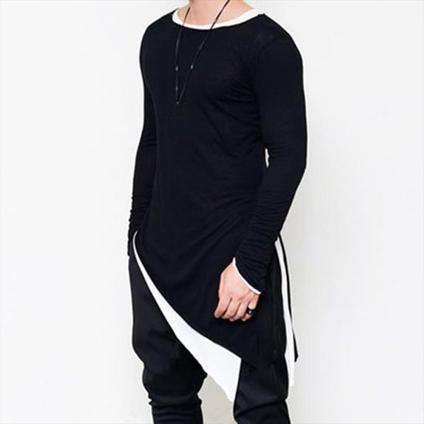 

long sleeve tee homme men t shirts side sharp swag hem streetwear fashion asymmetrical extended cloth, White;black