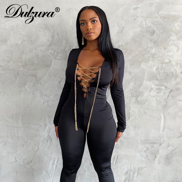 

chain cross hollow out women long sleeve jumpsuit solid v ne bodycon stretchy sporty streetwear autumn winter, Black;white