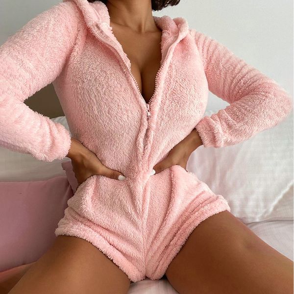 

winter warm jumpsuit romper for women long sleeve zipper solid color pink ladies bodysuit hoodie hooded romperby air, Black;white