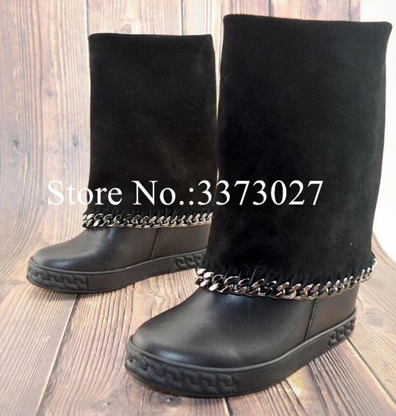 

boots lady chains 8cm wedge heel med-calf woman leather platform fashion female comfortable casual short, Black