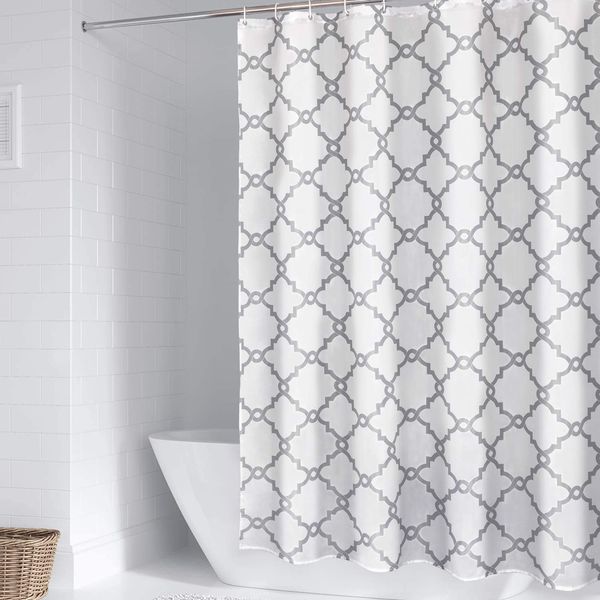 

waterproof fabric shower curtain with hooks, white and gray polyester cloth bathroom curtains machine washable, moroccan
