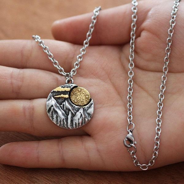 

1pcs stainless steel camping with stars and moon necklace the travel hiking pendant landscape nature woodland jewelry necklaces, Silver