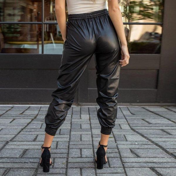 

pants women ladies faux leather high waist joggers bottoms women's trousers pantalones mujer leggings, Black
