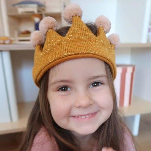 

caps & hats baby kids crown for boys girls elastic knitted hat cap balls birthday party decoration children born pography props, Yellow