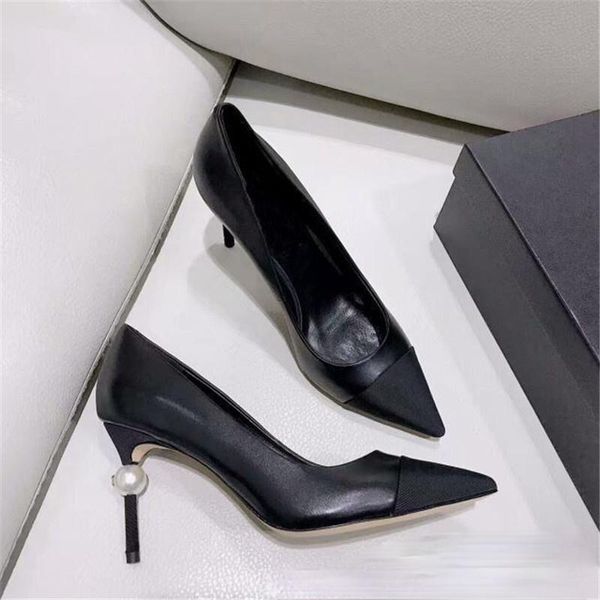 

dress shoes brand pointed heels black leather thin designer white pearl decoration