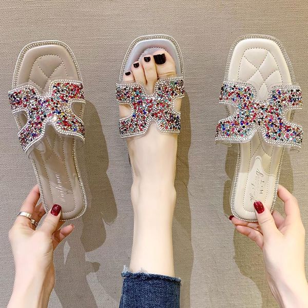 

fashionable sandals and slippers women wear 2021 rhinestone crystal holiday flat bottom beach word drag female, Black