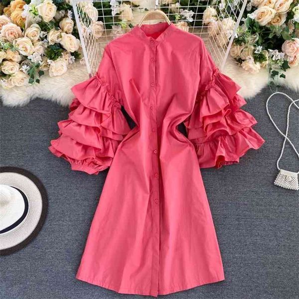 

ins ruffle long flare sleeve loose dress autumn women fashion solid color vintage elegant vestidos de mujer p085 210527, Black;gray