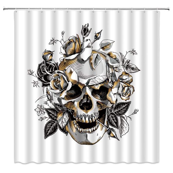 

skulls floral shower curtain day of death skull rose flower sketch gothic decor romantic halloween black white fabric bath