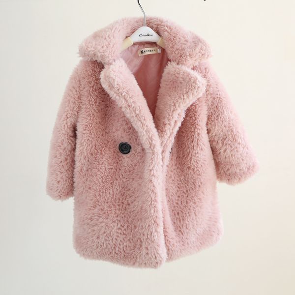 

2-12 Years Children Faux Fur Coat Baby Woolen Coat Outerwear Thicken Warm Jacket Girls Long Overcoat Winter Kids Girls Clothing, Pink