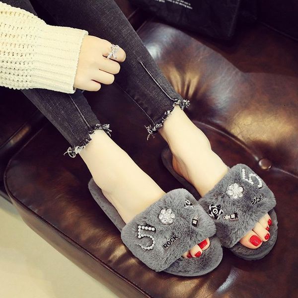 

slippers winter women home shoes faux fur fashion warm woman slip on flats slides indoor large size 35-42, Black
