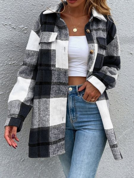 

plaid print flap pocket drop shoulder wool-mix fabric overcoat s97u#, Black