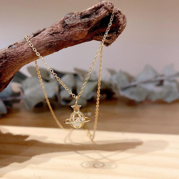 

chains korean fashion hollow planet diamond stainless steel pendant necklace for women long jewelry gift, Silver