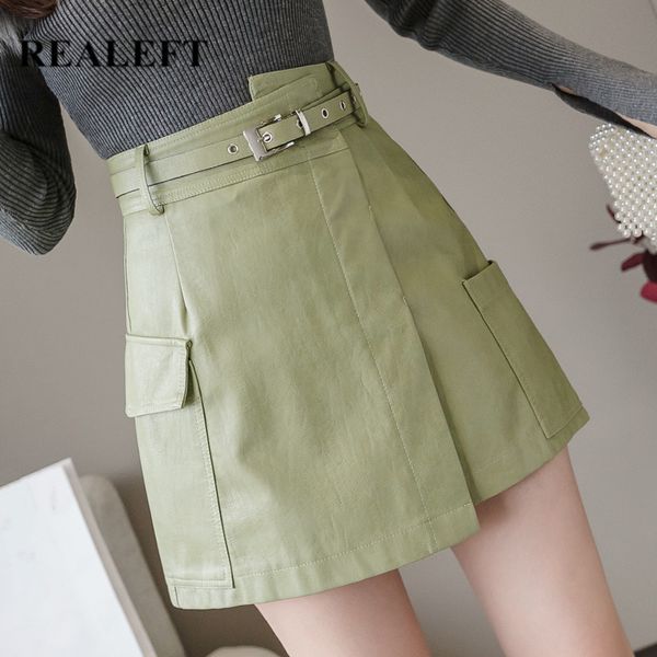 

autumn winter pu leather mini skirts a-line high waist sheath wrap skater with belt female 210428, Black