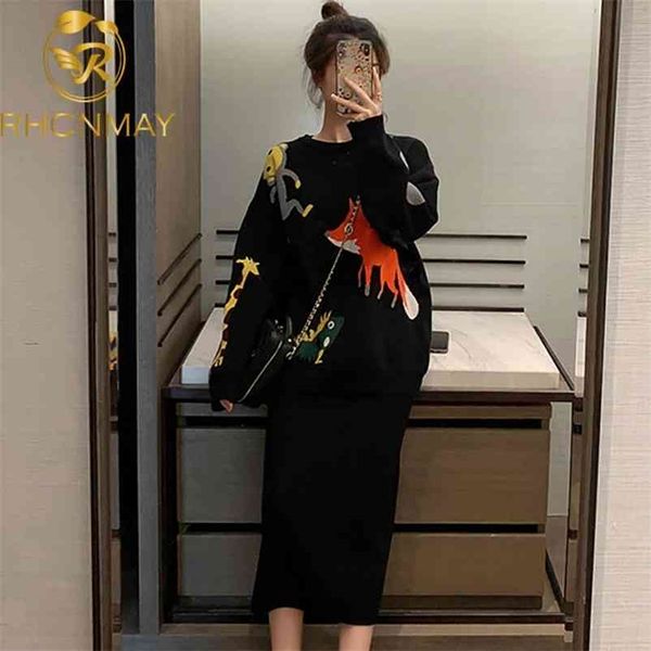 

women's fashion animal patterns sweaters knitting package skirts 2 piece set female dresses knitted suit 210520, White