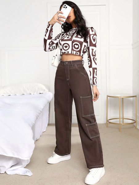 

high waist pocket side titching jeans r90j#, Blue