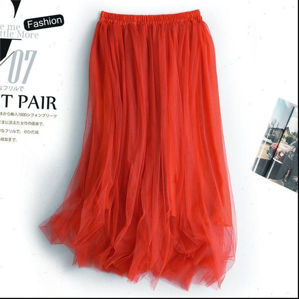 

womens skirts korean women 2 layers yarn tulle midi pleated skirt spring summer elastic high waist mesh tutu, Black