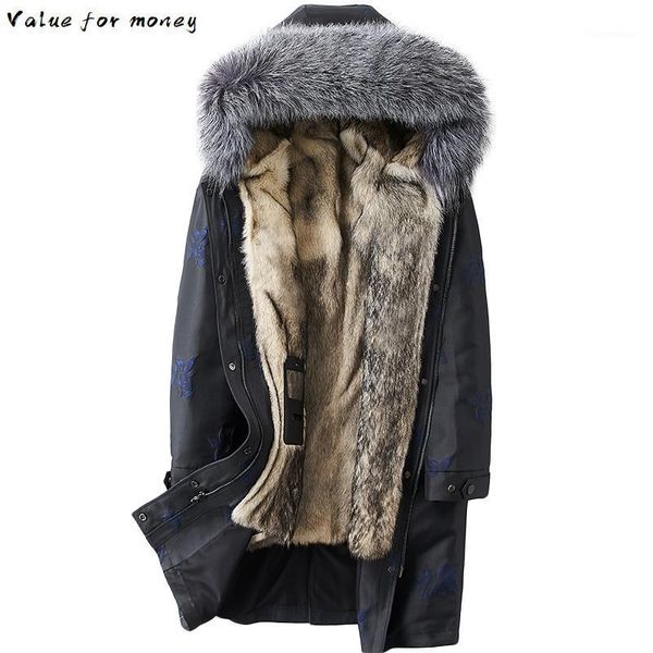 

men's leather & faux wolf real fur coat men parka winter jacket silver collar parkas plus size manteau homme hiver xxll001 kj1581, Black
