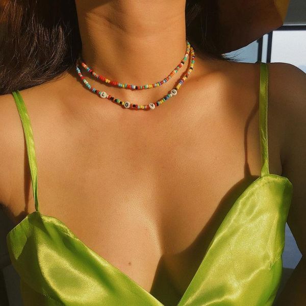 

multilayer colorful rice beads bohemia necklace statement letter love clavicle choker chain handmade women summer jewelry chokers, Golden;silver