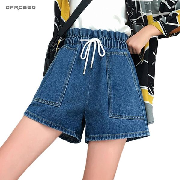 

blue plus size women denim shorts 2021 casual elastic high waist vintage ladies summer jeans female 4xl 5xl women's, White;black