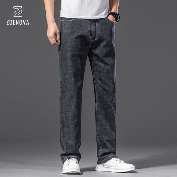 

casual jeans men straight stretch denim pants trousers loose classic business office work male gray jean homme men's, Blue