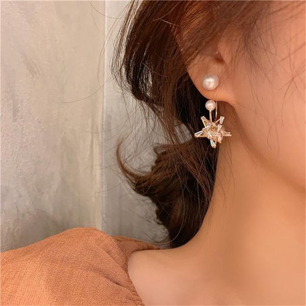 

korean fashion curved back hanging pearl five-pointed star earrings women's exquisite party gifts dangle & chandelier, Silver