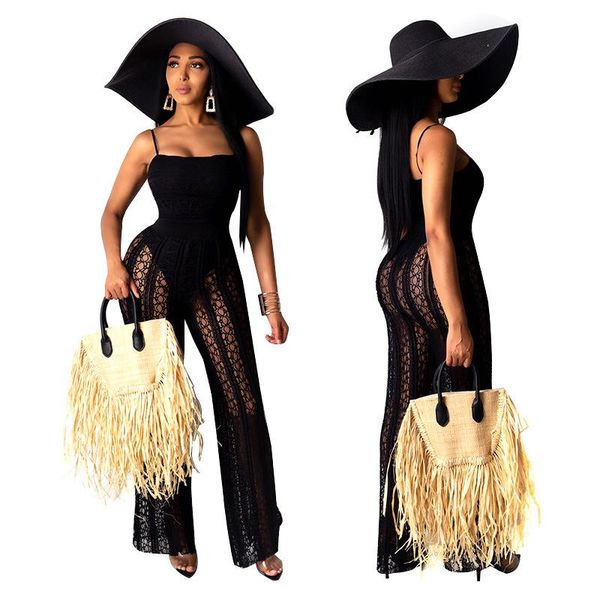 

women's jumpsuits & rompers 2021 women summer mesh insert tube spaghetti strap elegant boho beach outfits long, Black;white