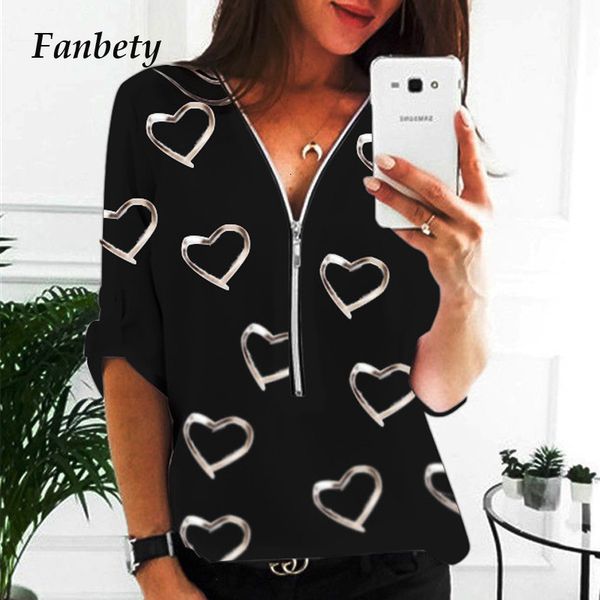 

knits fashion casual zipper v-neck blouse shirts elegant heart print long sleeve pullovers autumn spring ladies loose streetwears nn 2xx8, White