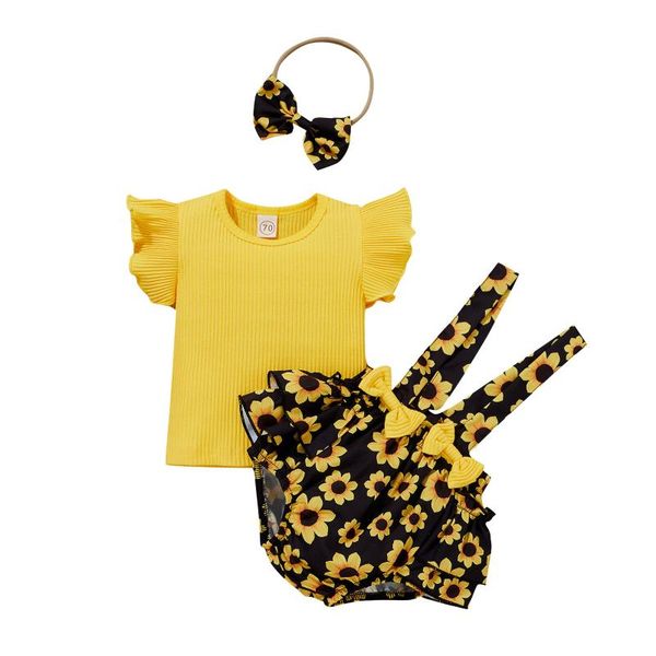 

clothing sets #vw kids girls fashion solid sleeve +sunflower floral printed bowknot suspender shorts outfits children, White