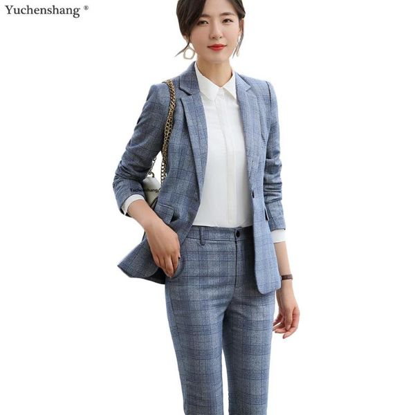 

casual women plaid blazer pants suits soft fabric professional business work long sleeve single button jackets and pant set suit women', White