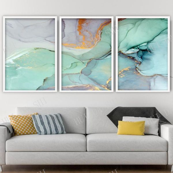

paintings abstract set of 3 prints blue green gold ink wall art print picture contemporary gallery poster decor gift