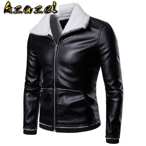 

men's fur & faux 2021 winter brand leather jacket male lapel casual lamb hair clothes plus size thick warm coat, Black