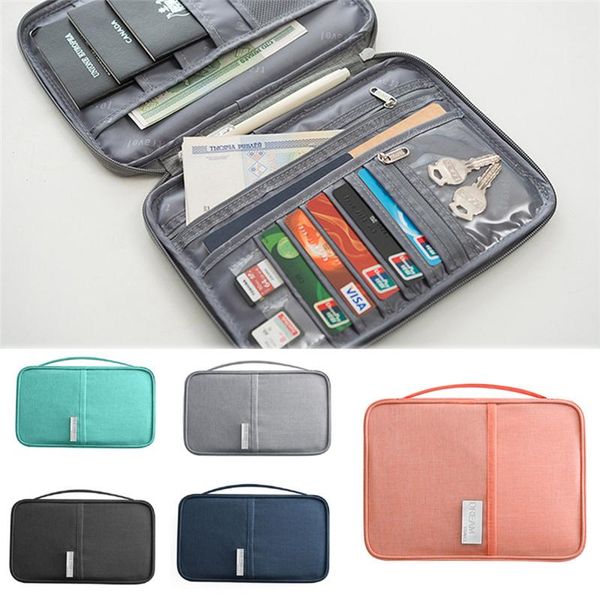 

card holders family travel document bag with external slot, passport holder wallet file zipper organizer, Brown;gray
