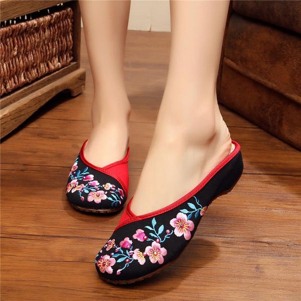 

slippers female casual light weight home chinese embroidery flat women beige zapatos dama e6182e, Black