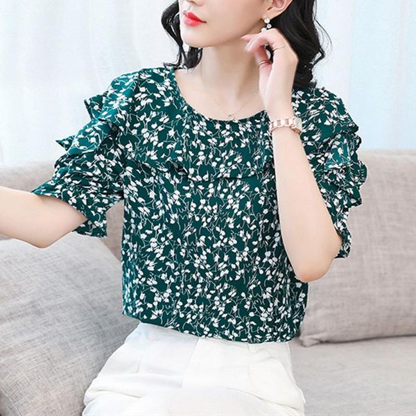 

women's blouses & shirts korean chiffon shirt short-sleeved floral blouse, White
