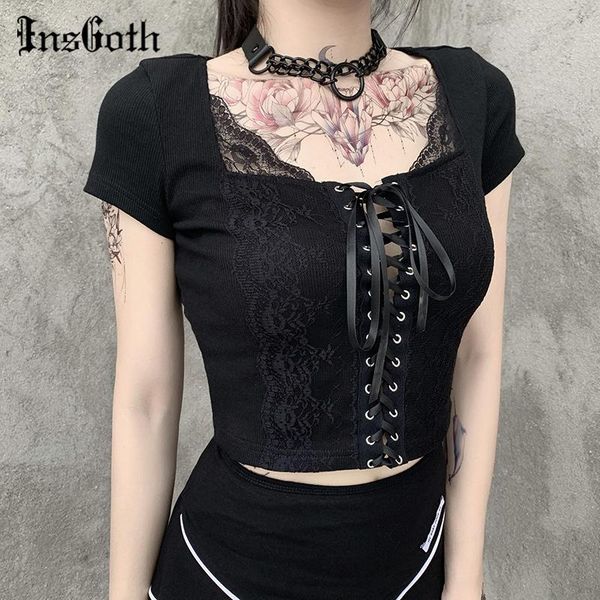 

insgoth lace bodycon crop harajuku gothic hollow out bandage short sleeve women casual fashion summer women's t-shirt, White