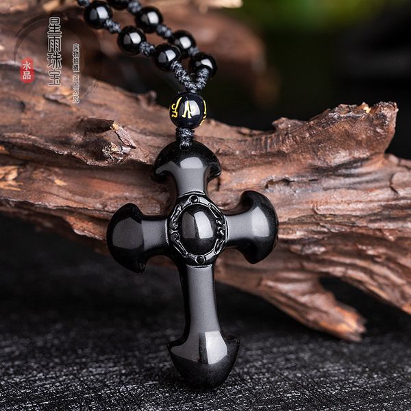

fashion design necklace pendant liguxury jewelry xingyu natural crystal obsidian cross frosted ice jesus, Silver