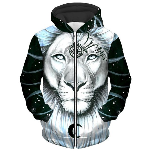 

lion head pattern men s zip-up hoodie visual impact party punk goth round neck sweatshirt hoodie, Black