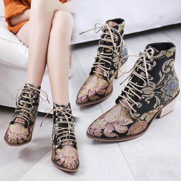 

boots spring and autumn european american satin embroidered pointed women's leather thick heel large size shoes, Black