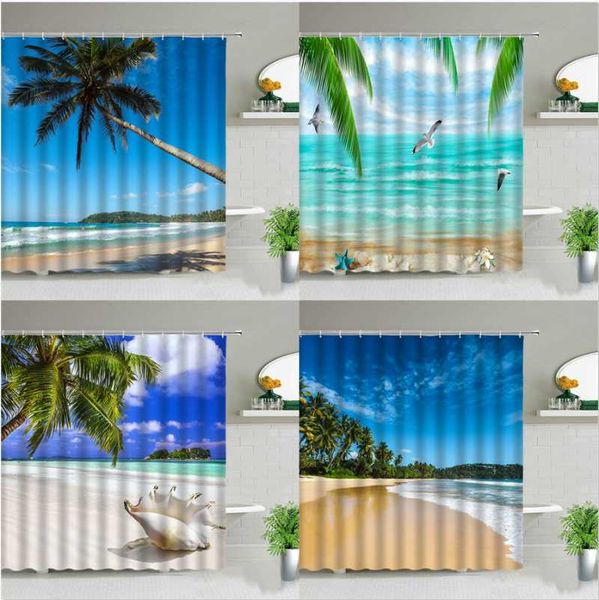 

shower curtains sunlight beach tropical leaves conch bird ocean scenery waterproof cloth curtain set with hooks bathroom decor