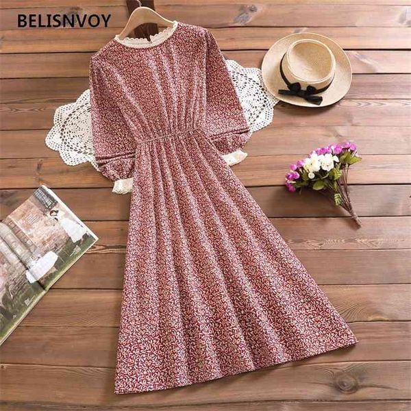 

spring flare sleeve elastic slim waist chiffon a-line midi dress elegant stand collar floral print women 210520, Black;gray