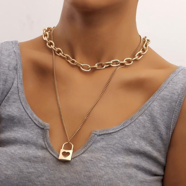 

pendant necklaces punk ins cuban thick chain necklace metal hollow padlock love clavicle for women 2pcs/set hip hop jewelry gift, Silver